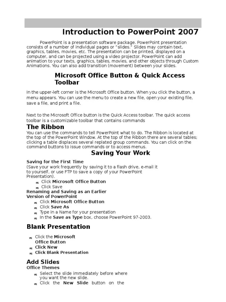MSPowerpoint 2007 Notes Microsoft Power Point Software
