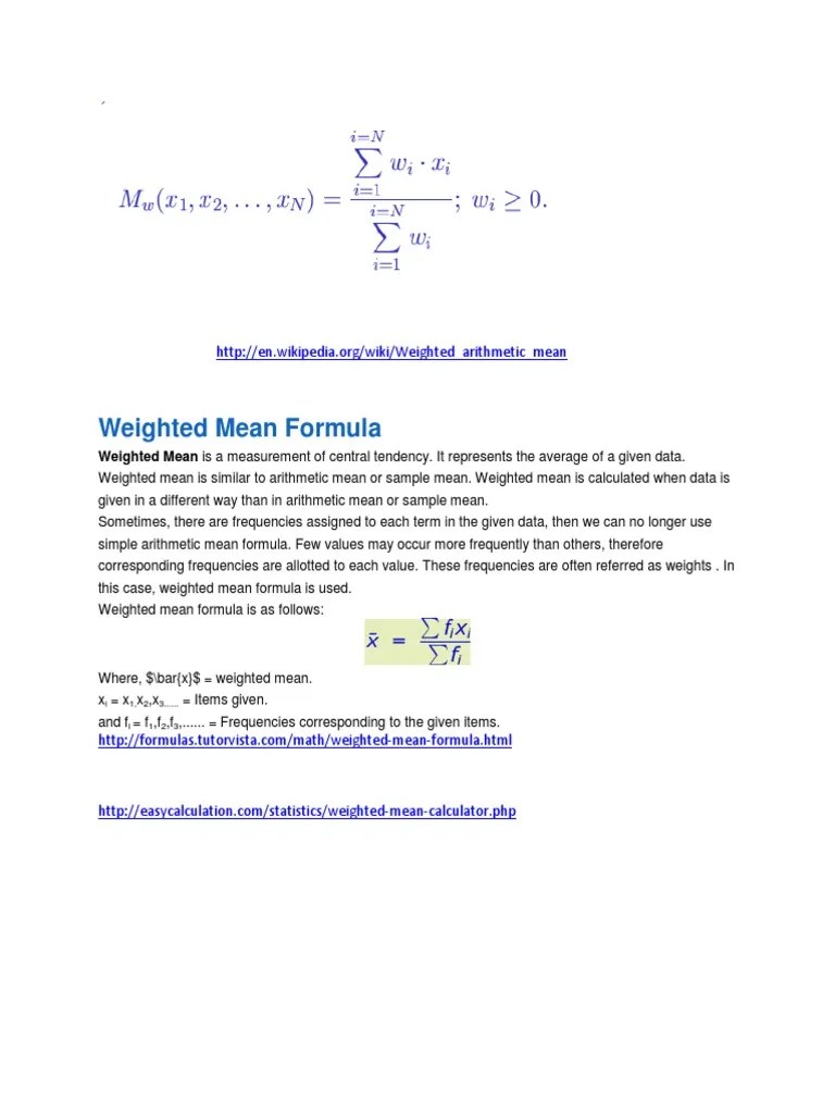 Weighted Mean Formula Arithmetic Mean Weighted Arithmetic Mean