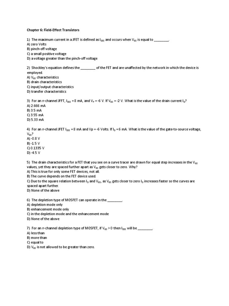 FieldEffect Transistors Chapter Review Questions Covering Junction FETs, Depletion and