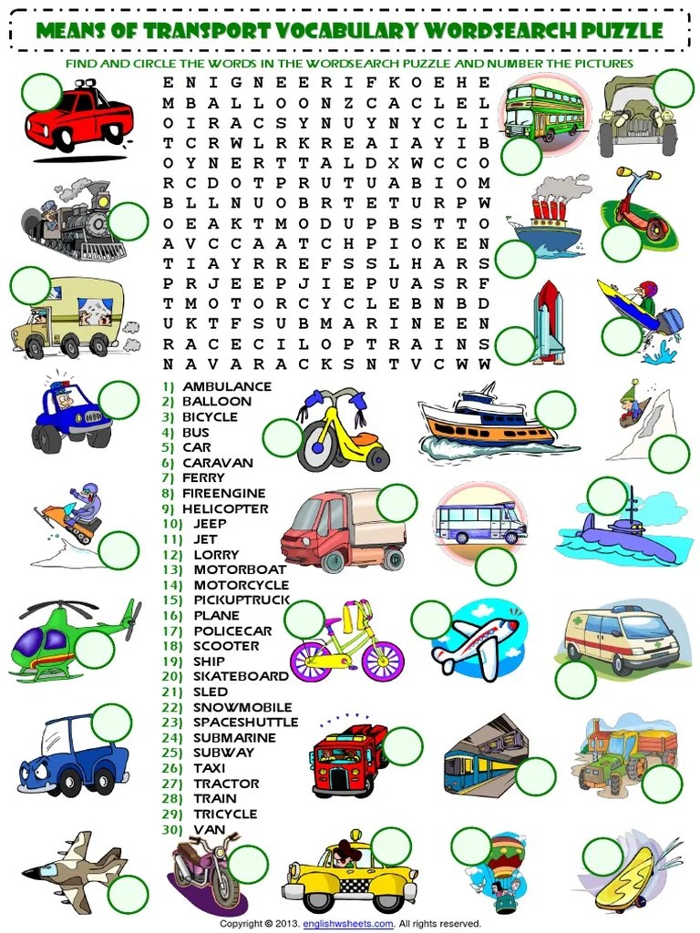 Means of Transport Wordsearch Puzzle Vocabulary Worksheet PDF