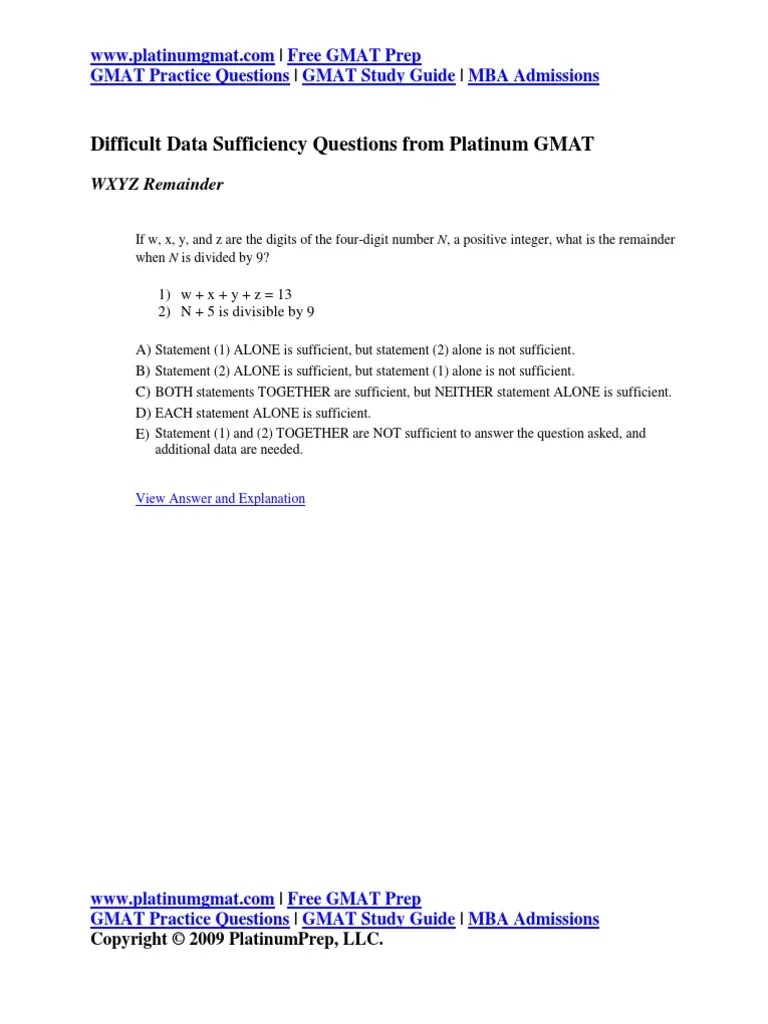GMAT Data Sufficiency Questions PDF Graduate Management Admission