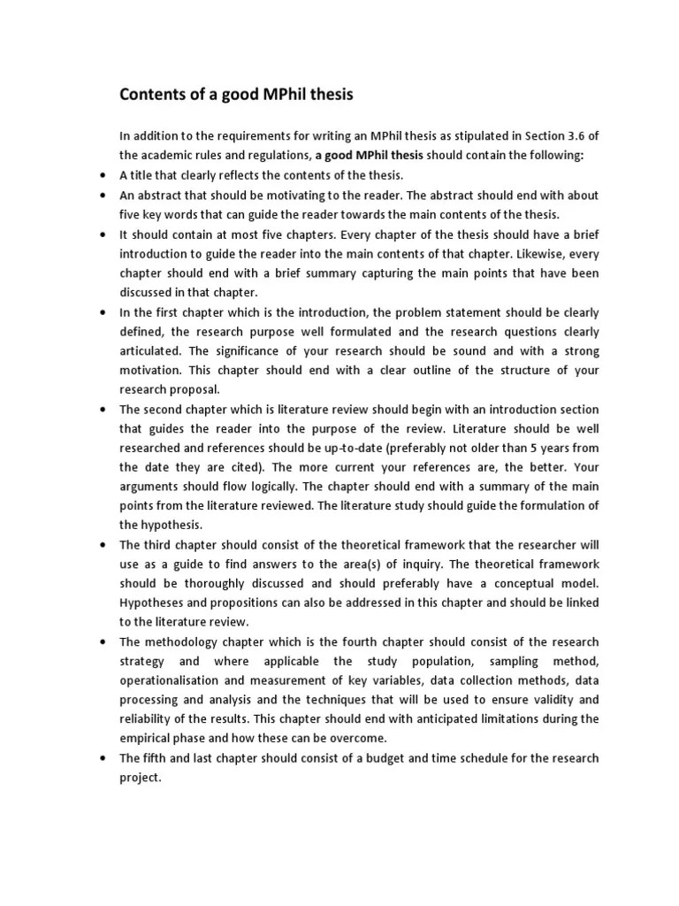 Contents of a Good MPhil Thesis Thesis Literature Review