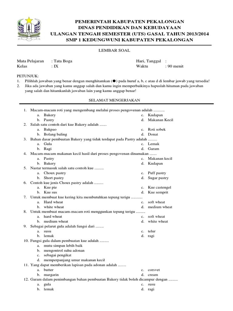 Contoh Soal Tata Boga Dan Jawabannya Kelas 12 Rangking Soal