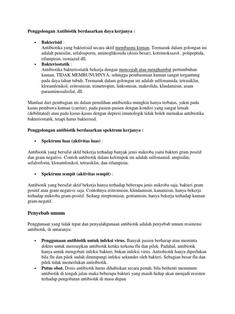 Penggolongan Antibiotik Berdasarkan Daya Kerjanya | PDF