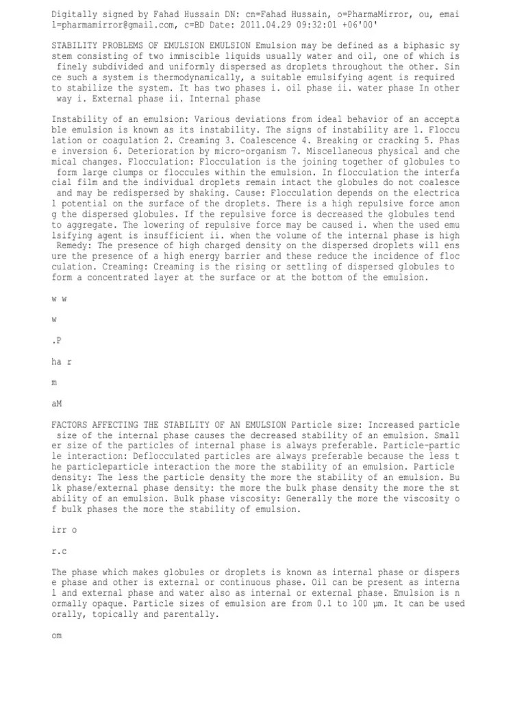 Stability Problems of Emulsion and Suspension PDF Emulsion