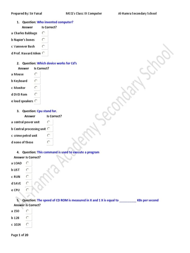 MCQ for 9th Class Computer Data Storage Random Access Memory