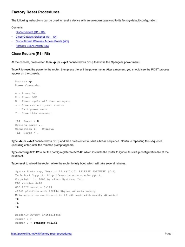 Factory Reset Procedures | PDF | Booting | Cisco Systems
