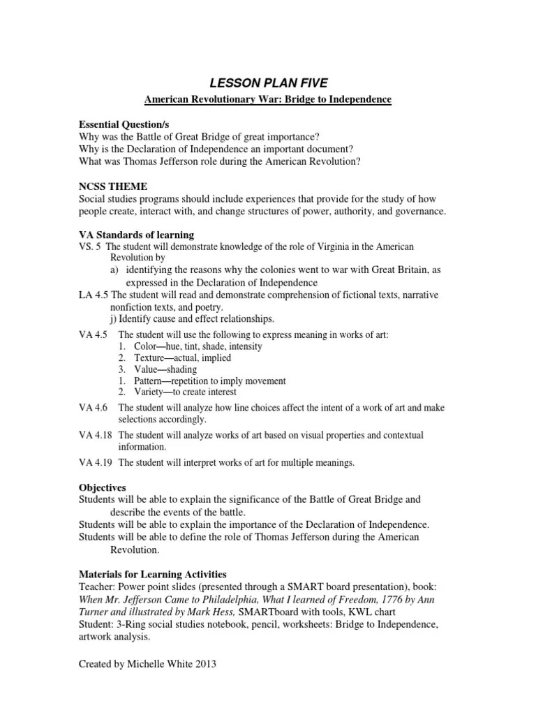 Lesson 5 Bridge To Independence PDF United States Declaration Of