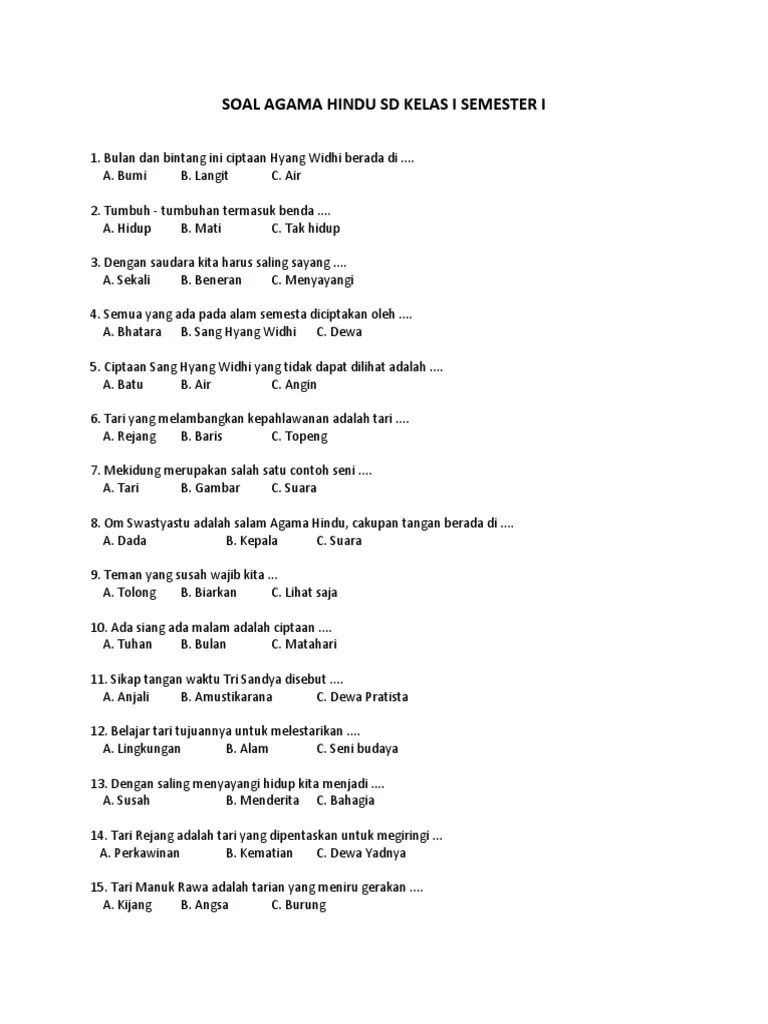 Soal UAS I Kelas I SD Agama Hindu