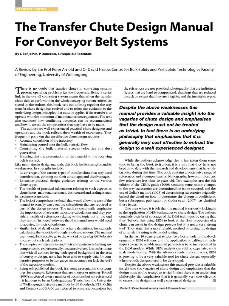The Transfer Chute Design Manual For Conveyor Belt Systems Design