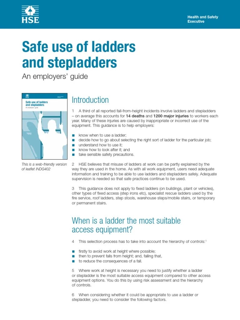 Safe Use of Ladders and Stepladders - An Employers Guide | PDF | Ladder