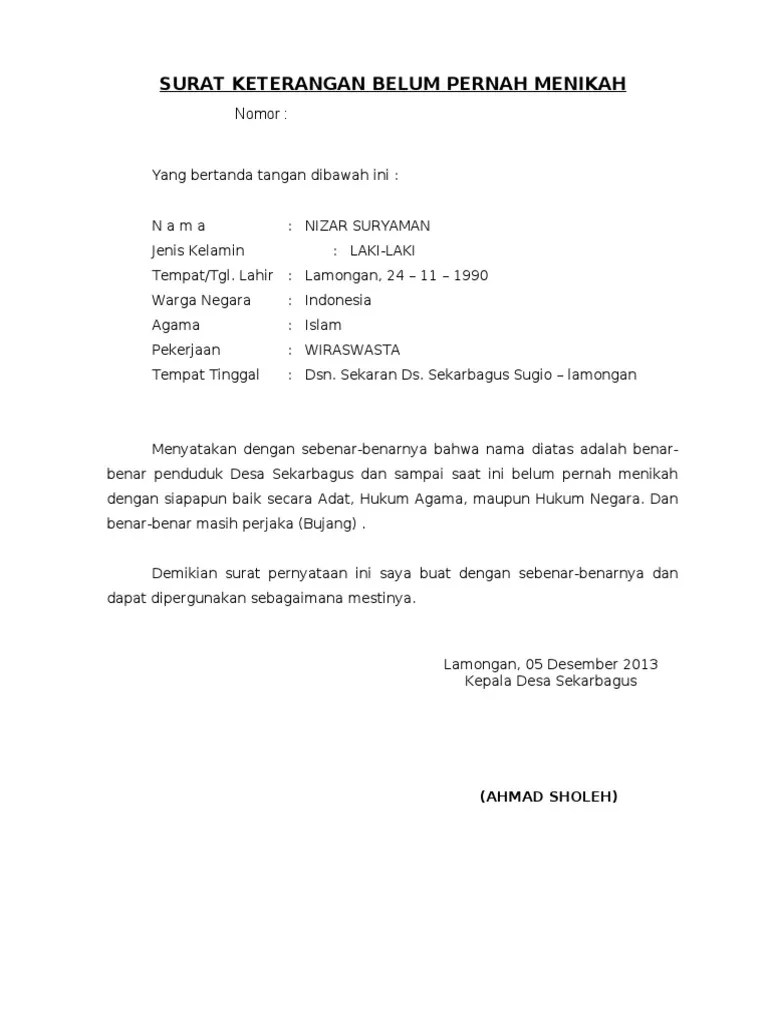 Contoh Surat Keterangan Belum Menikah Dari Desa Doc - Nusagates