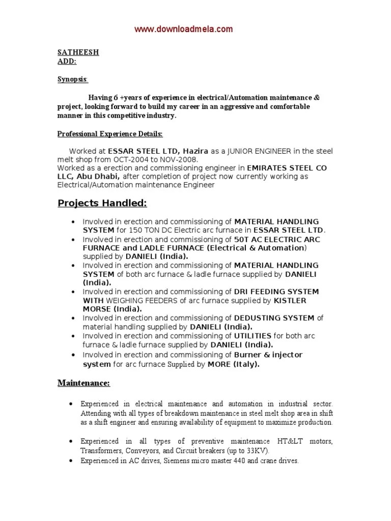Electrical Engineer 6 Years Experience Sample Resume Industries Technology