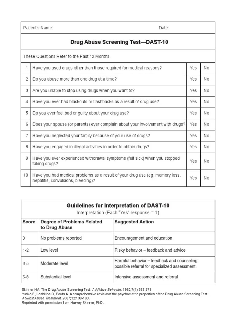 15 Drug Abuse Screening Test DAST 10