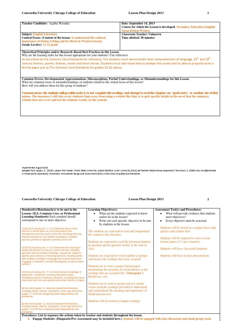 Agatha Waranka Lesson Plan 1112 Grade English Lesson Plan