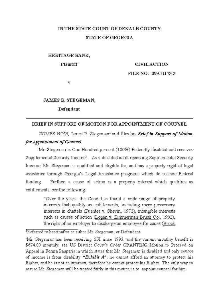 Brief in Support of Motion to Appoint Counsel Precedent Pro Se Legal Representation In The