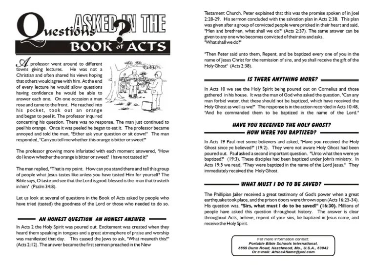 Questions Asked in the Book of Acts Acts Of The Apostles