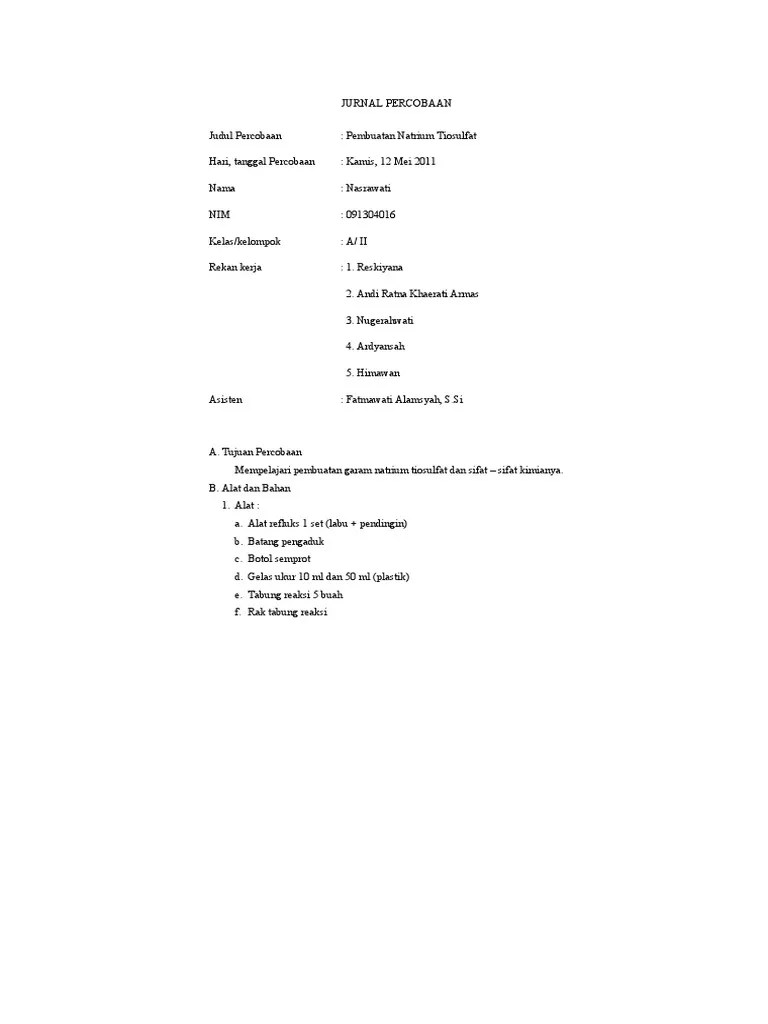 JURNAL PERCOBAAN Natrium Tiosulfat