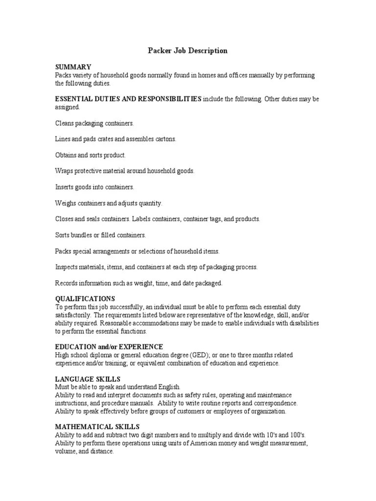Packer Job Description PDF Packaging And Labeling Cognition