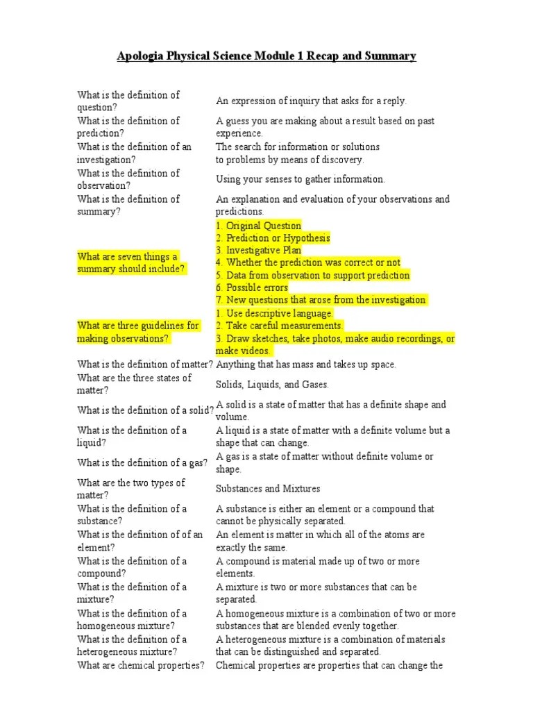 Apologia Physical Science Module 1 Recap and Summary PDF Mixture Homogeneity And Heterogeneity