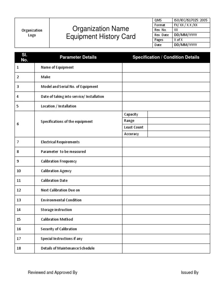 Equipment History Card