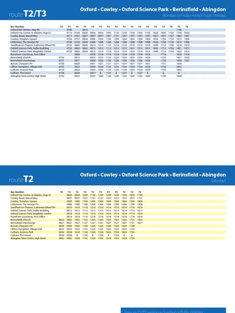 Bus Timetable T2 & T3 Oxford Cowley Oxford Science Park