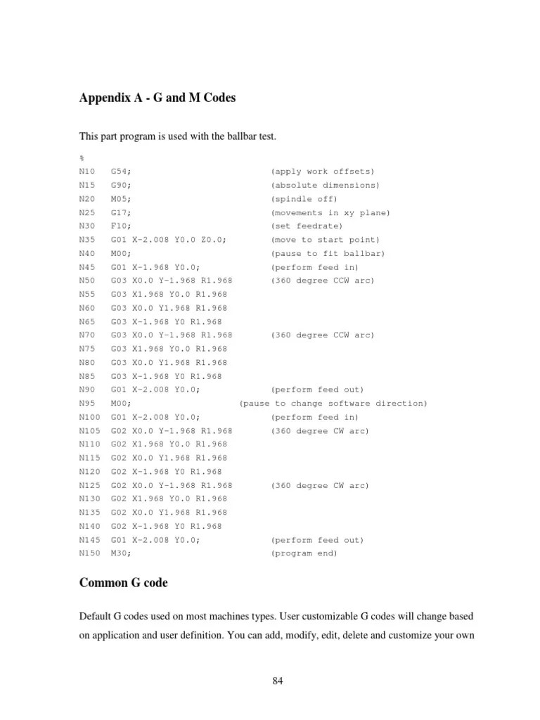 Appendix A G and M Codes This Part Program Is Used With The Ballbar