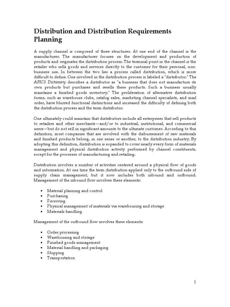 Distribution and Distribution Requirements Planning Inventory Logistics