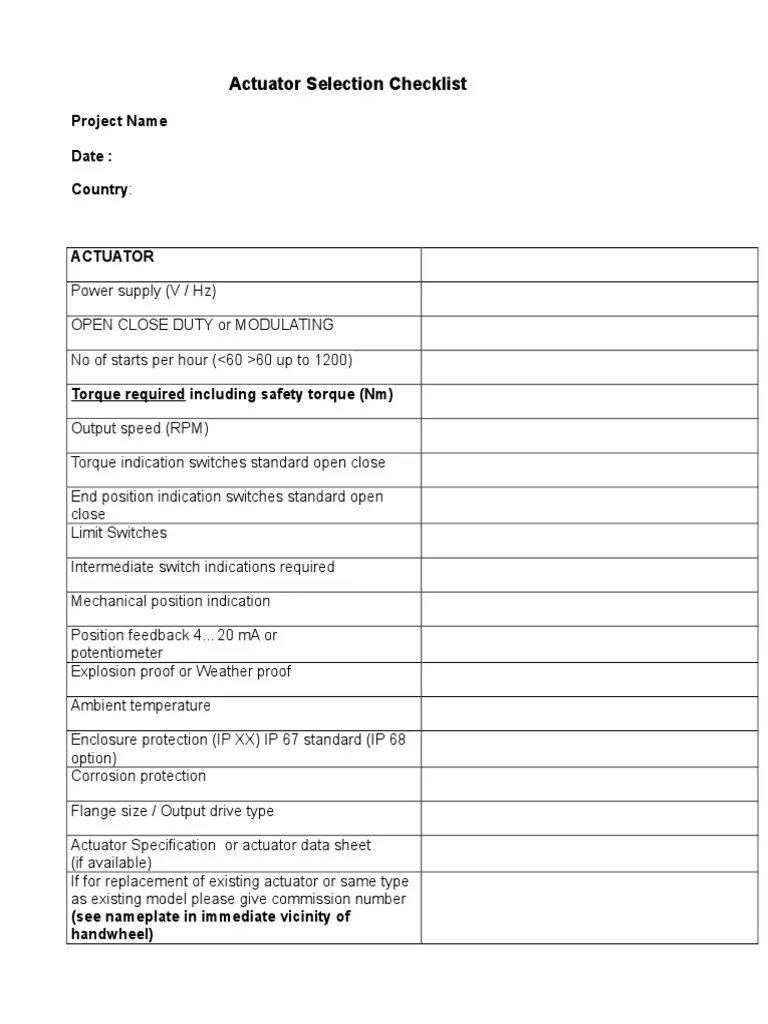 Valve Actuator Checklist PDF