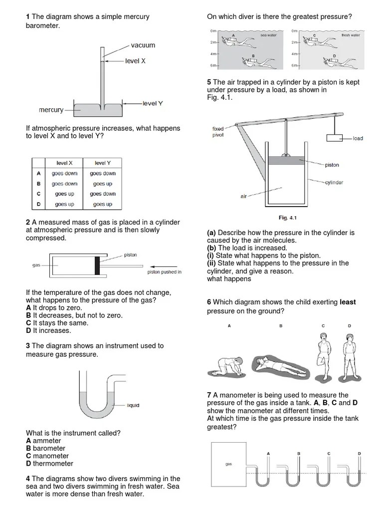 Pressure Questions for IGCSE Physics Pressure Gases