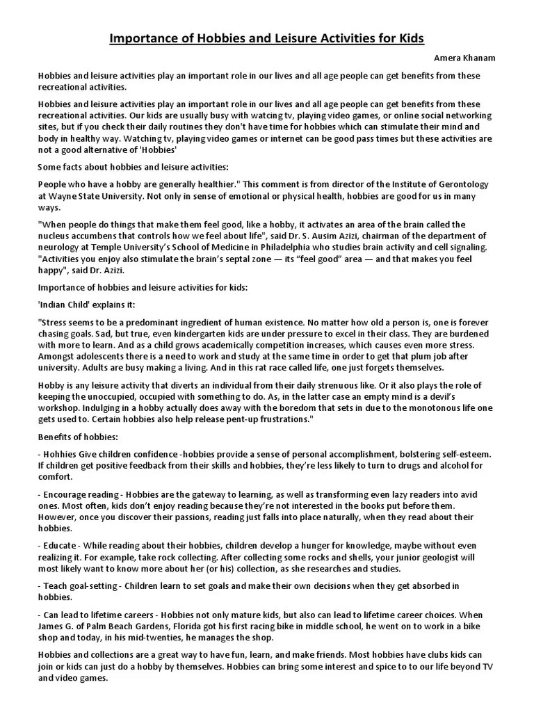 Importance of Hobbies and Leisure Activities for Kids Hobbies