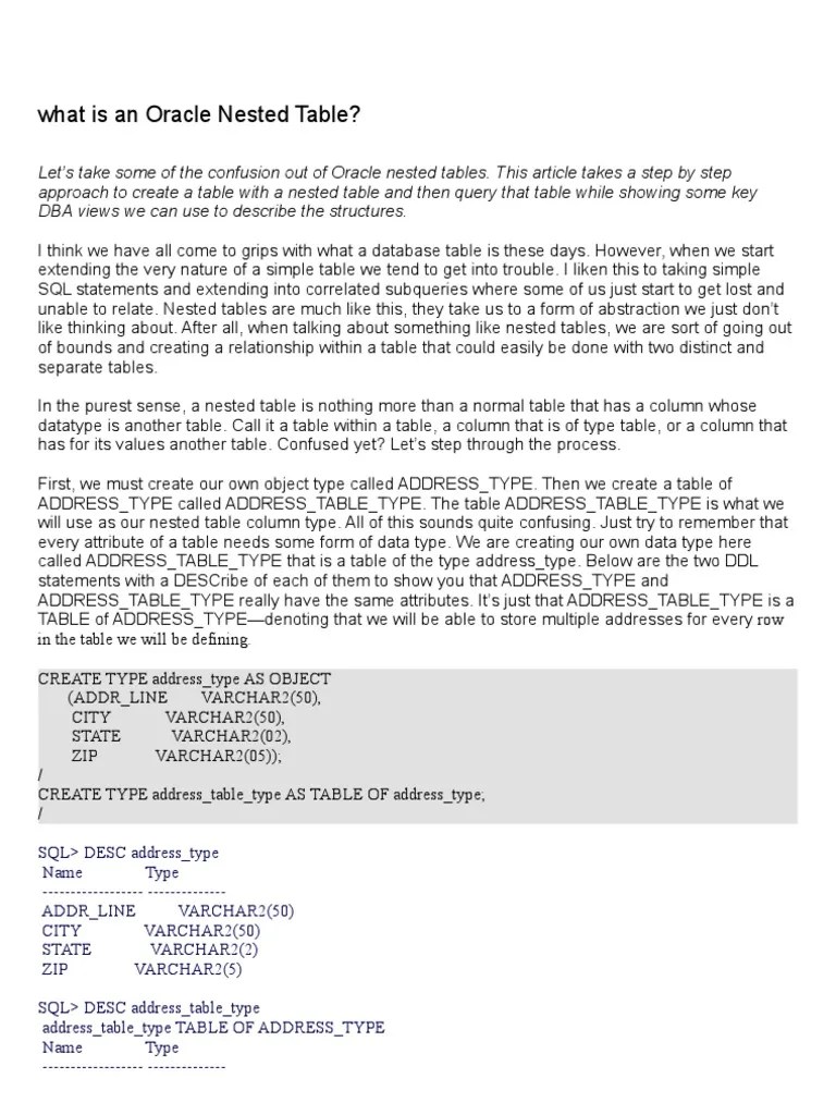 What Is An Oracle Nested Table PDF Table (Database) Oracle Database