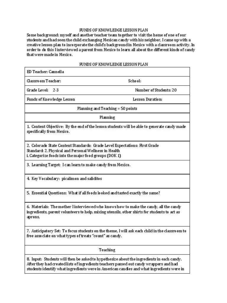 funds of knowledge lesson plan Lesson Plan Quality Of Life
