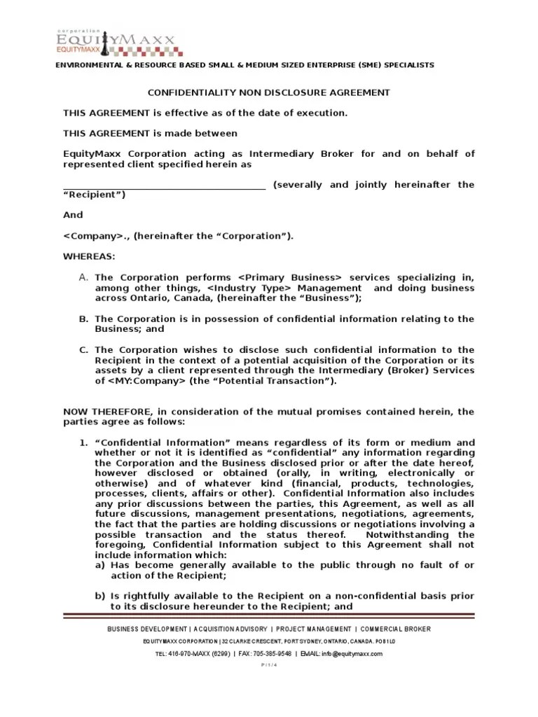 Confidentiality NDA Agreement PDF Confidentiality Non Disclosure