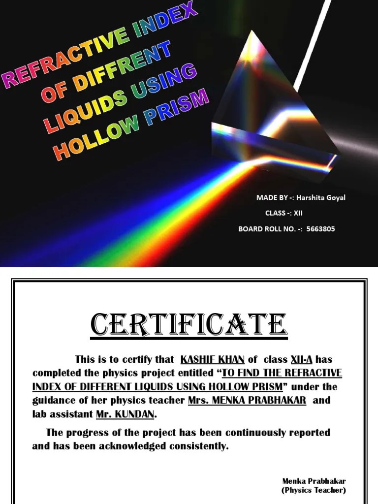 Refractive Index of different liquids using hollow prism Prism