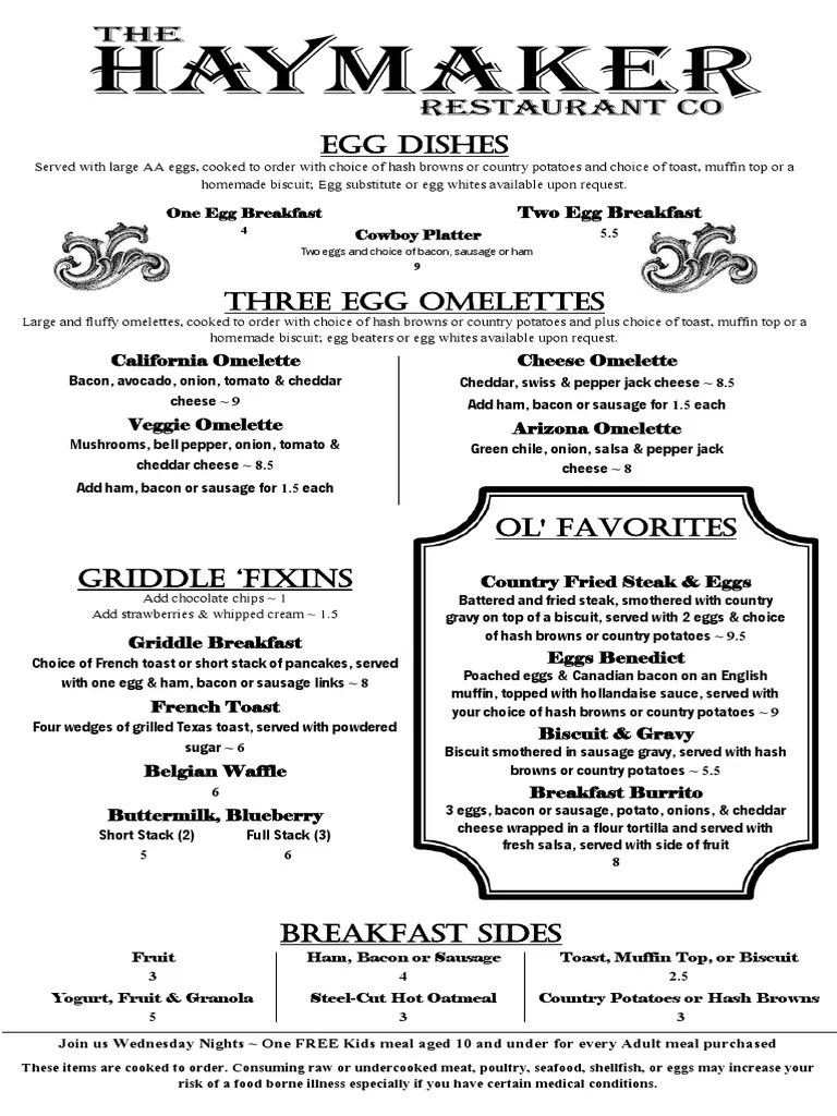 Haymaker Menu Salad Hamburgers