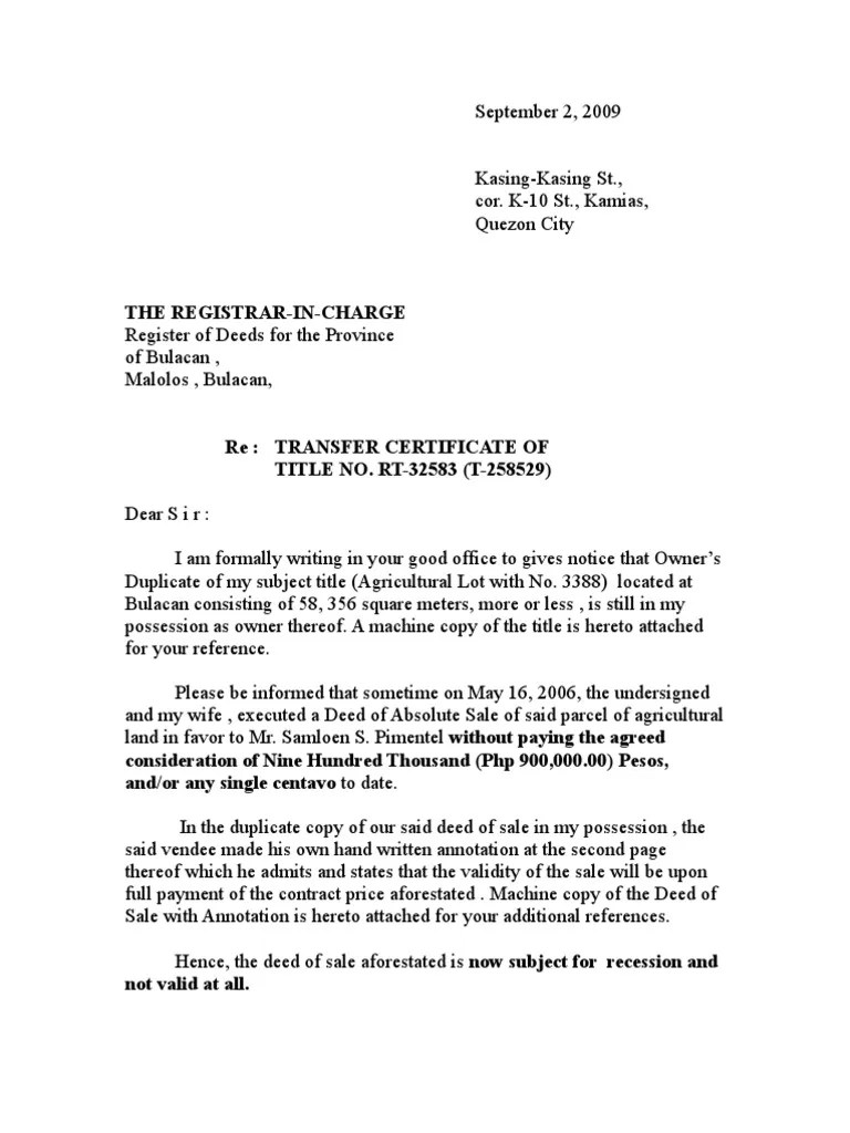 Atty. Buban Letter to Register of Deeds Property Law Civil Law