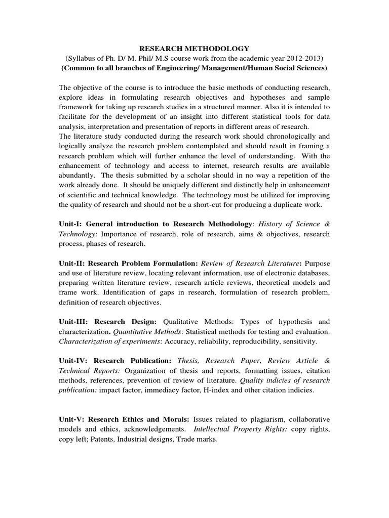 SYLLABUS for Research Methodology Course Work (20122013