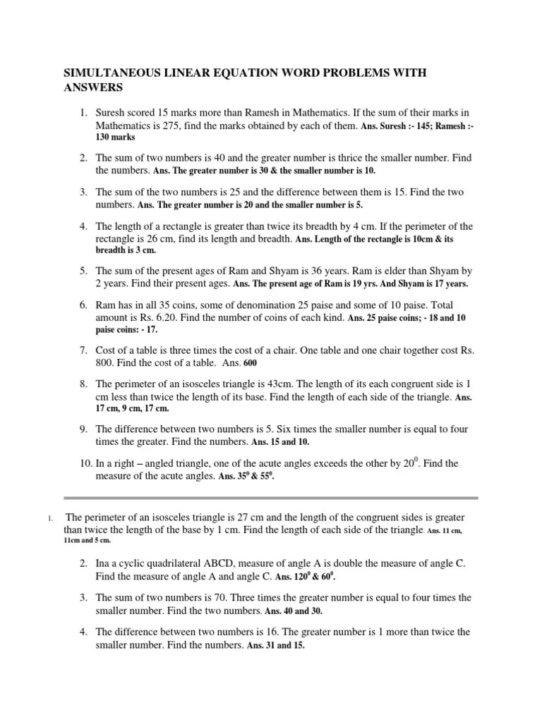 Simultaneous Linear Equation Word Problems With Answers | PDF