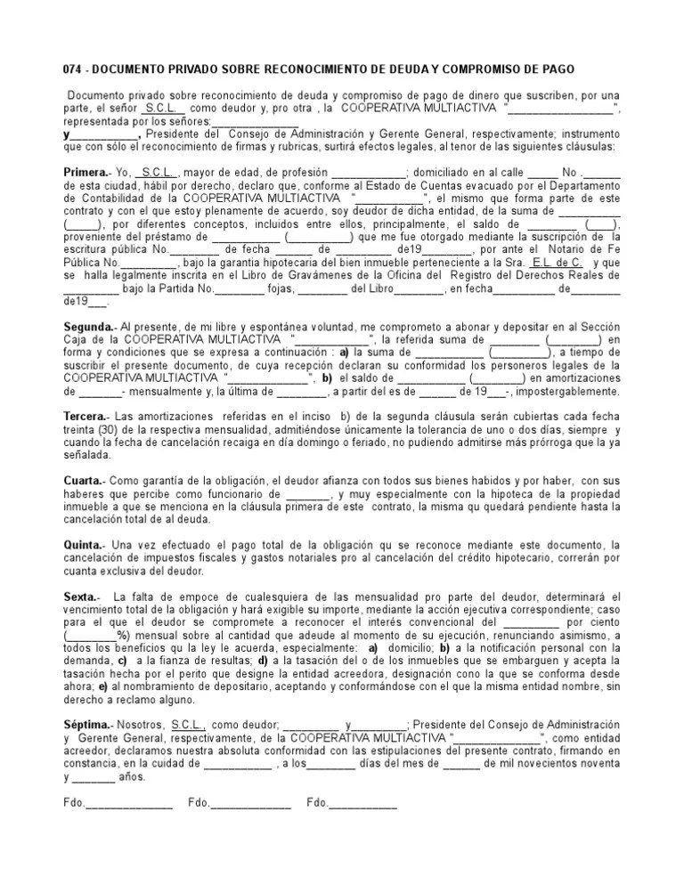 documento privado sobre reconocimiento de deuda y