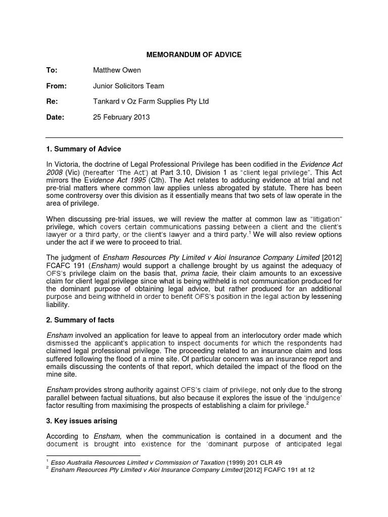 Legal Ethics Memorandum of Advice Lawsuit Justice