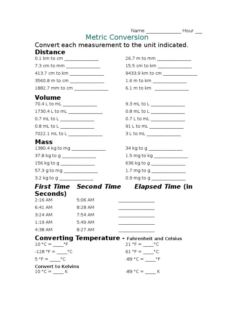 Metric Conversion Worksheet Fahrenheit Celsius