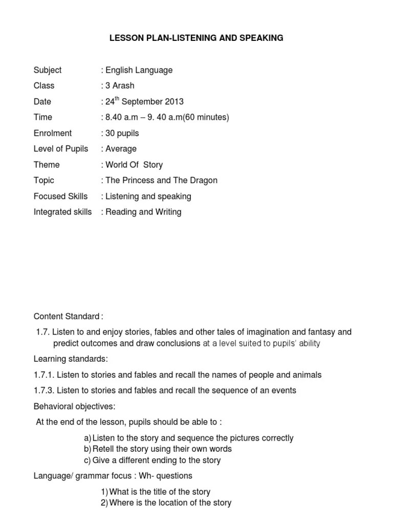 LESSON PLAN Listening and Speaking PDF Storytelling Teachers