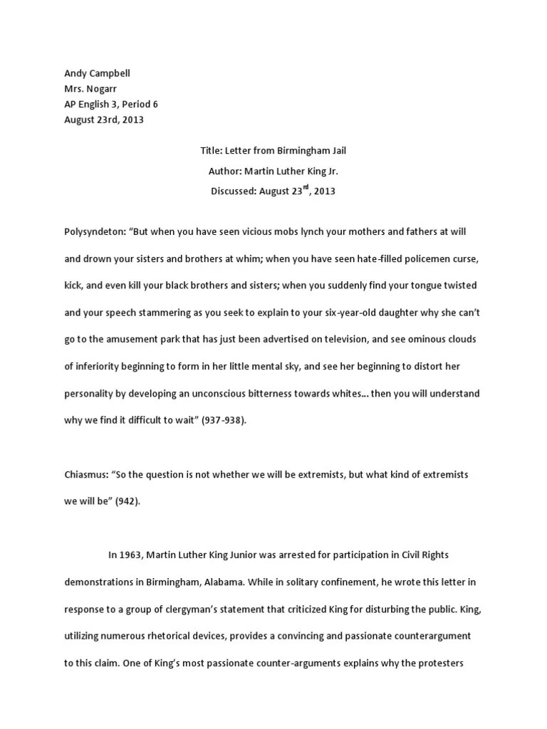 Rhetorical Device Journal Letter From Birmingham Jail Justice