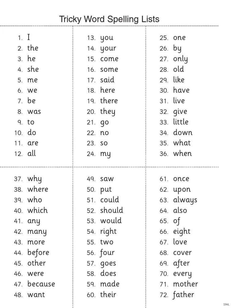 Tricky Words List