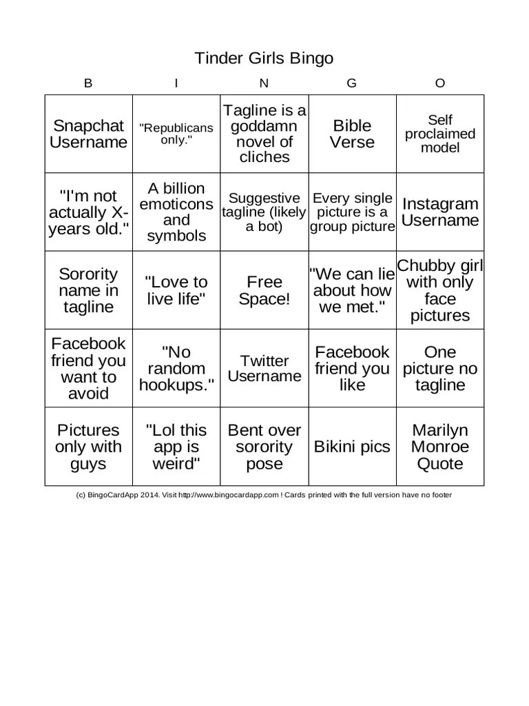 Tinder Bingo Cards Snapchat Social Software