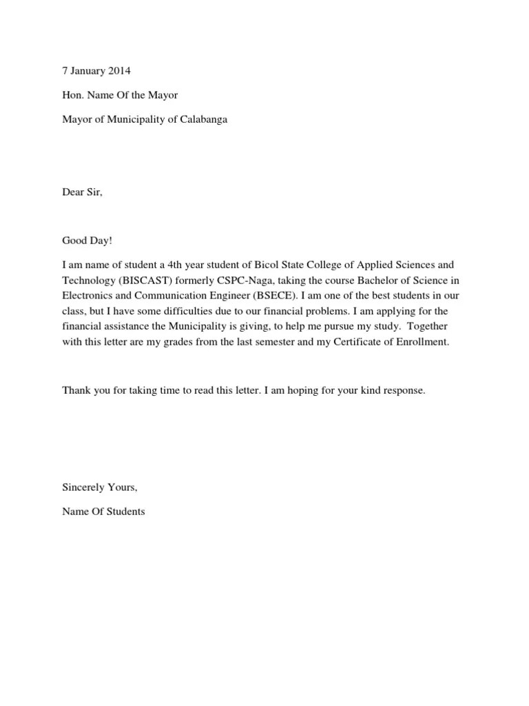 Sample Scholarship Application Letter, Mayor PDF Bachelor Of