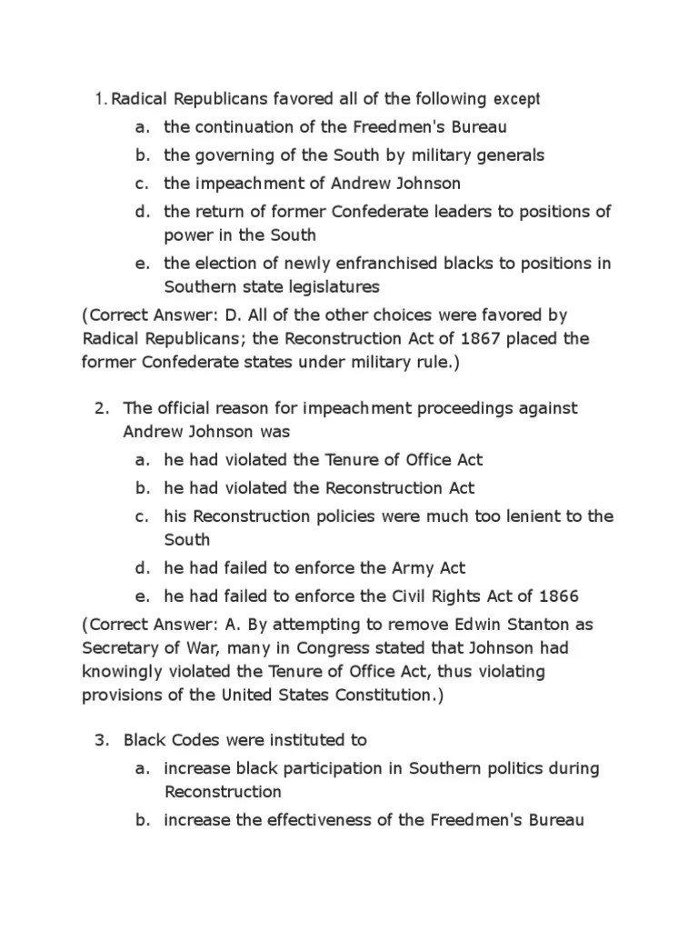 APUSH MC Questions Reconstruction Era Fifteenth