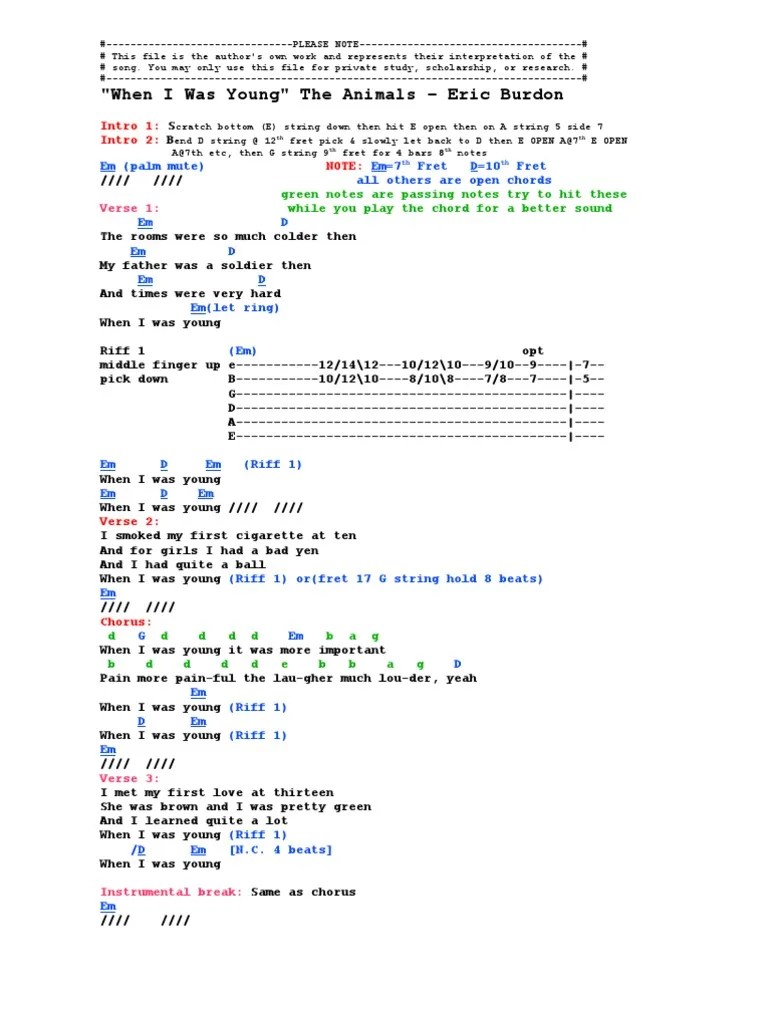 When I Was Young The Animals (Chords) TAB Guitars Song Structure