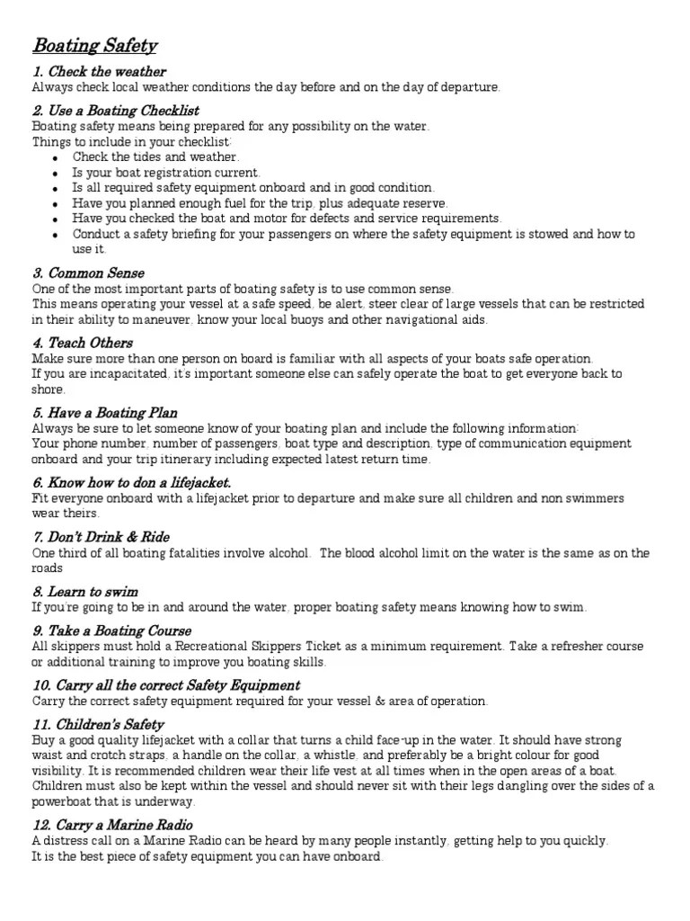 Boating Safety Checklist PDF Water Sports Transport